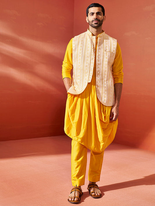 Men's Yellow Viscose Jacket,Kurta And Pyjama Set.