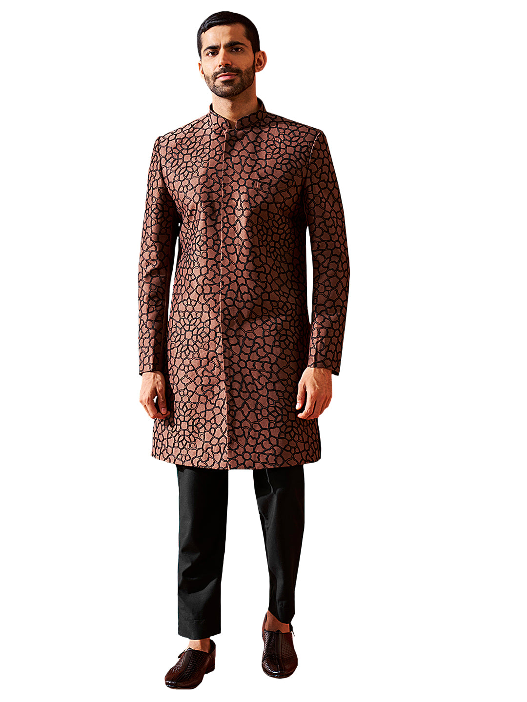 Men's Rust And Black Silk Blend Sherwani Set