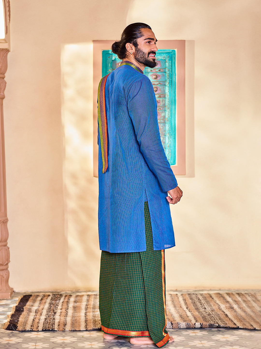 Men's Blue Cotton Kurta Mundu And Dupatta Set