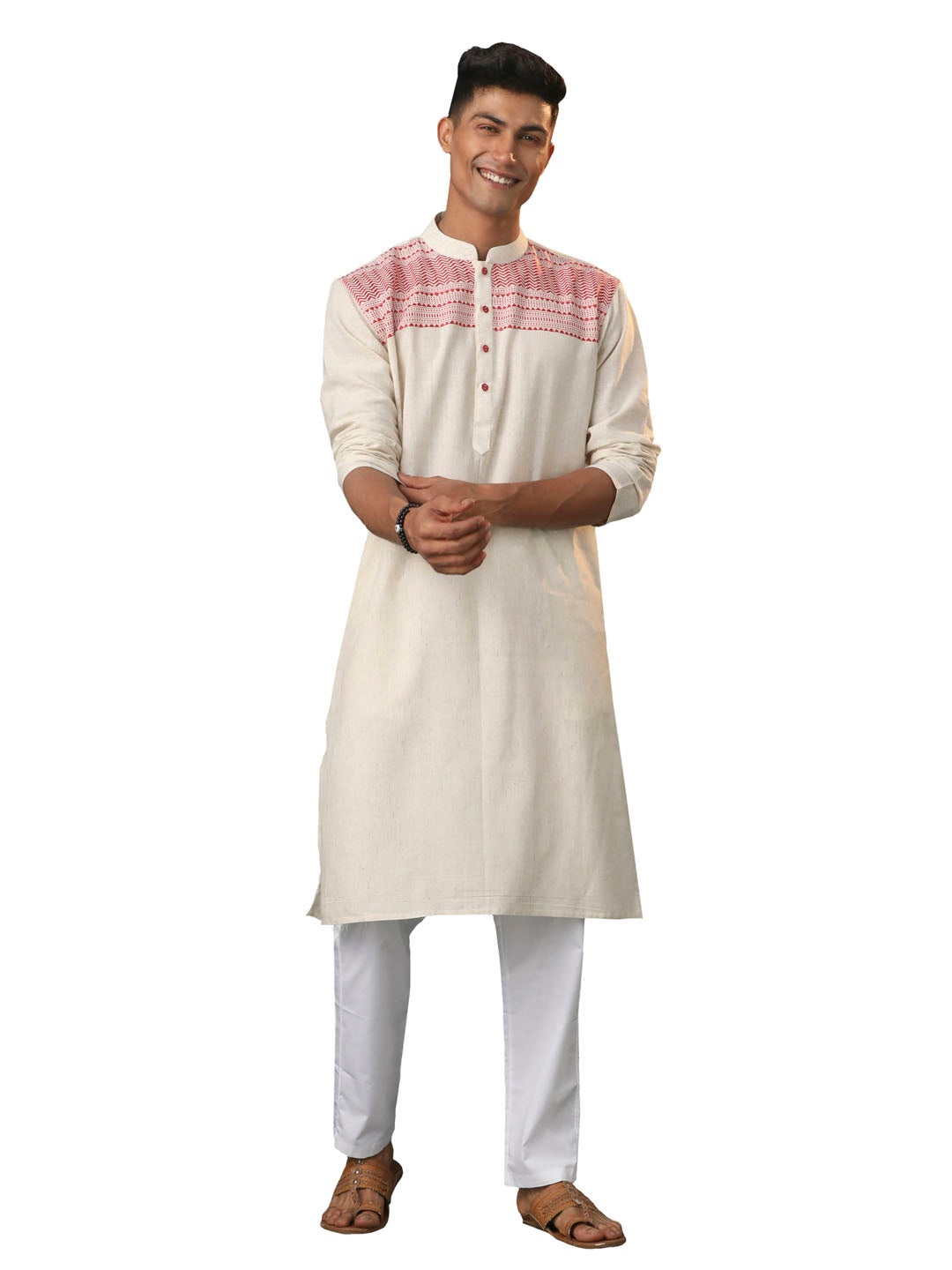 Men's Cream And Red Cotton Kurta Pyjama Set