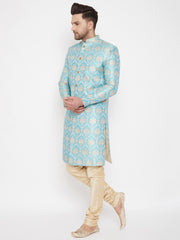 Men's Aqua And Gold Silk Blend Sherwani Set