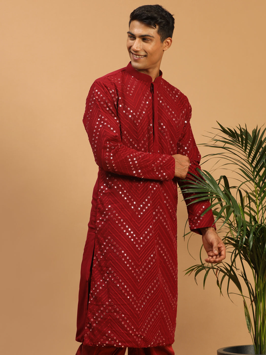 Men's Maroon Georgette Kurta Pyjama Set