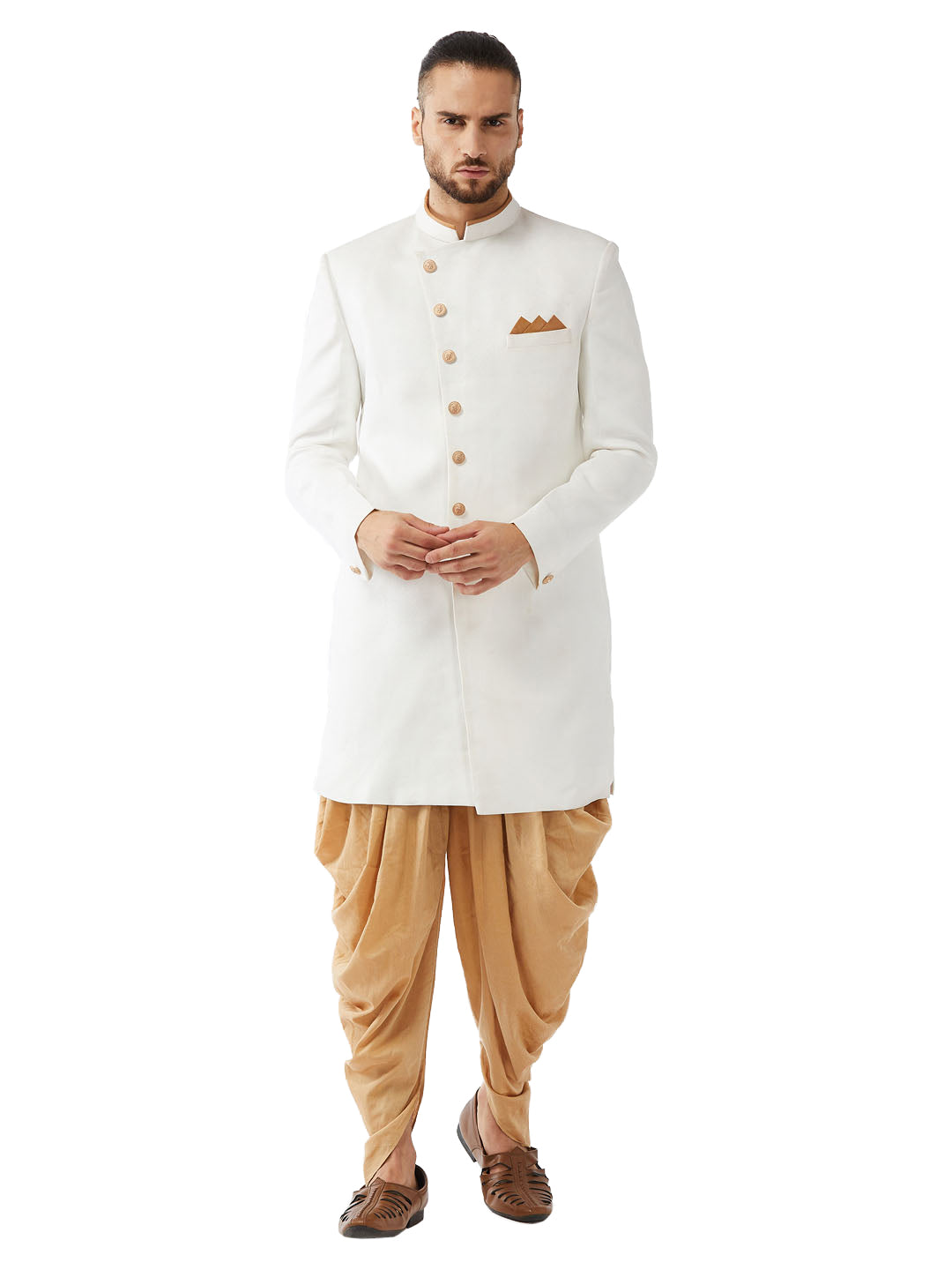 Men's White Polyester Lurex Blend Sherwani Only Top