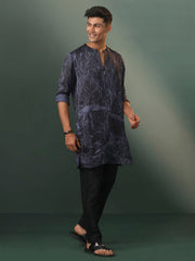 Men's Gray And Black Cotton Blend Kurta Pyjama Set