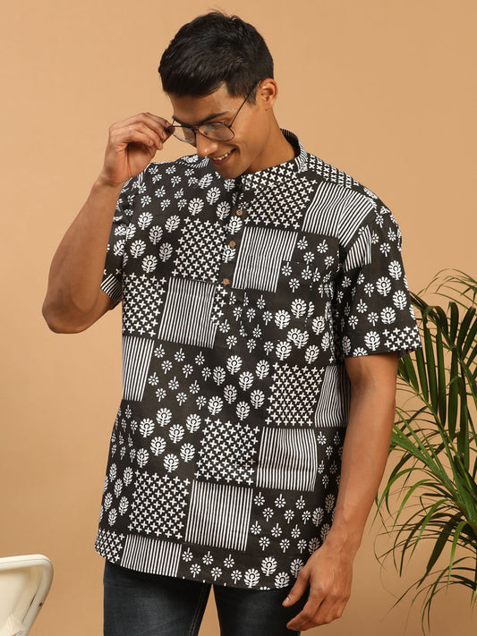 Men's Black Cotton Short Kurta