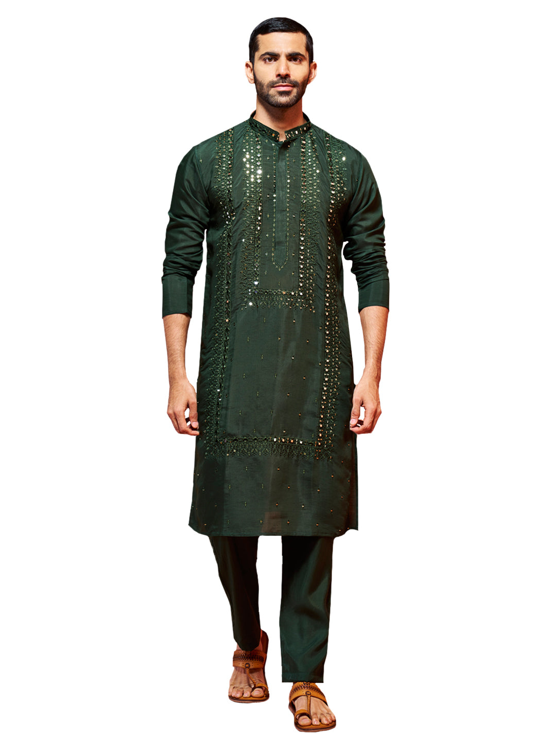 Men's Bottle Green Silk Blend Kurta And Pyjama Set.