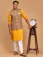 Men's Mustard, Green And White Cotton Blend Jacket, Kurta and Pyjama Set