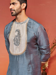 Men's Gray Silk Blend Kurta And Dhoti Set