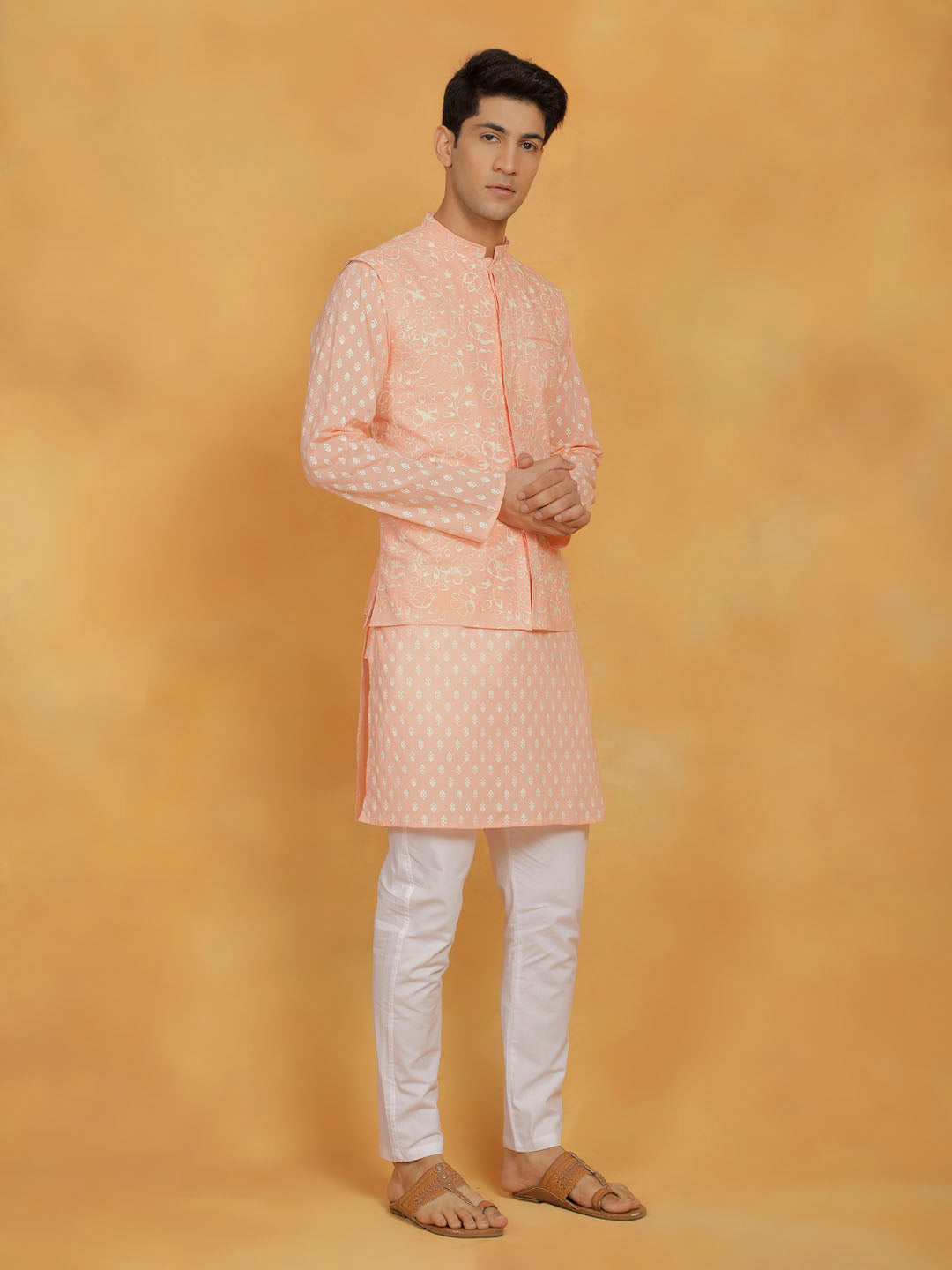 Men's Peach And White Cotton Jacket, Kurta and Pyjama Set