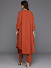 Women Rust Empire Gathered Details A-Line Kurta Paired With Tonal Bottom