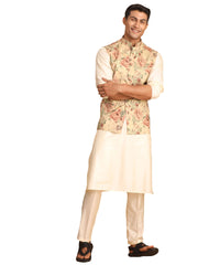 Men's Cream And Brown Silk Blend Jacket, Kurta and Pyjama Set