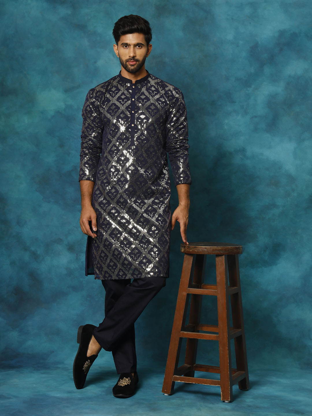 Men's Navy Blue Georgette Kurta Pyjama Set