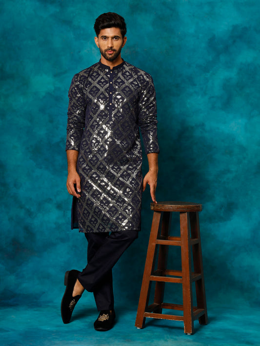 Men's Navy Blue Georgette Kurta Pyjama Set