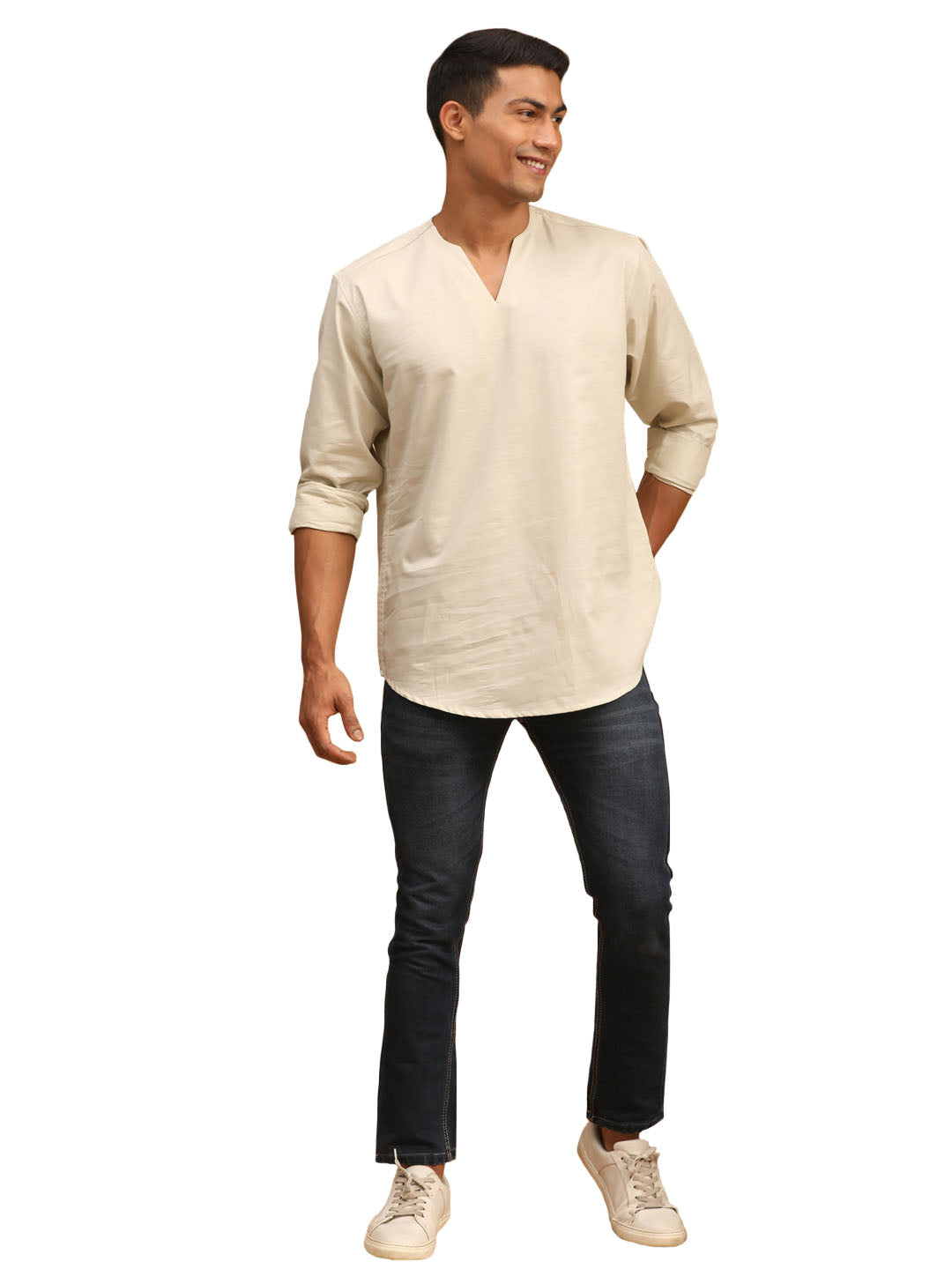 Men's Cream Cotton Blend Short Kurta