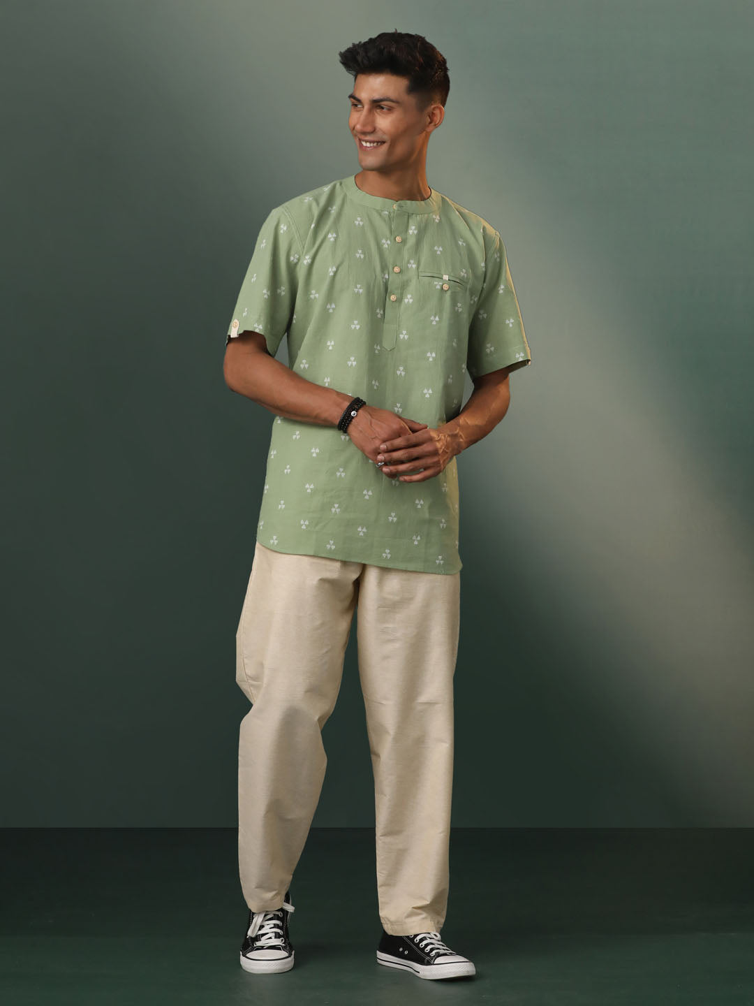 Men's Green Cotton Short Kurta