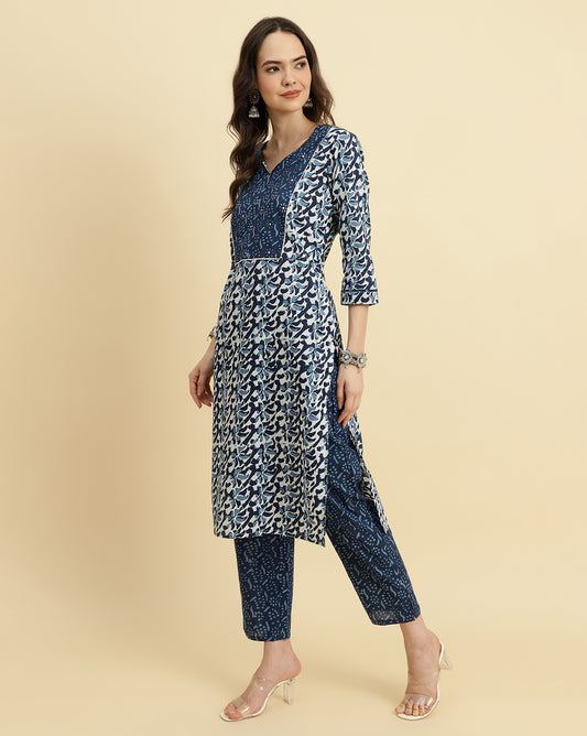 blue and white cotton printed yoke design kurta paired with printed dupatta and trouser