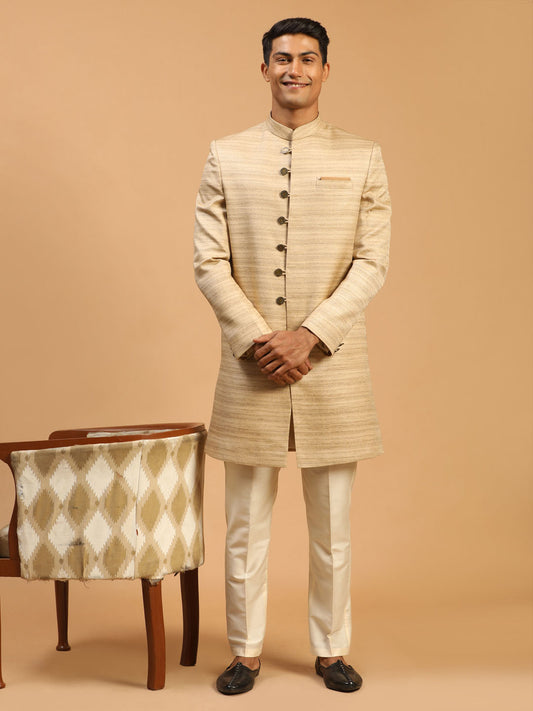 Men's Beige Silk Blend Sherwani Set