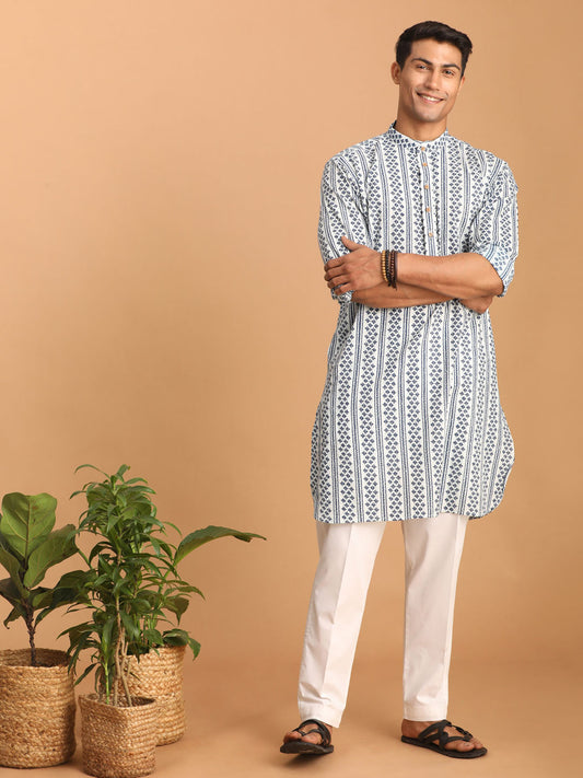 Men's White And Blue Cotton Kurta Pyjama Set