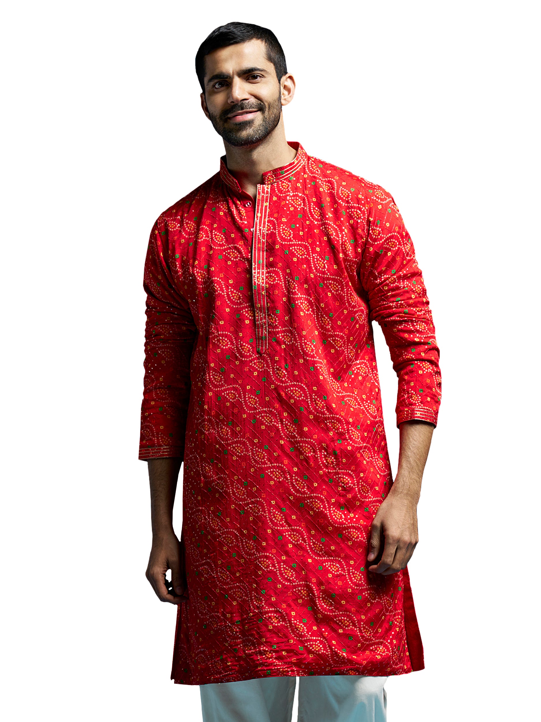 Men's Red Chinon Kurta