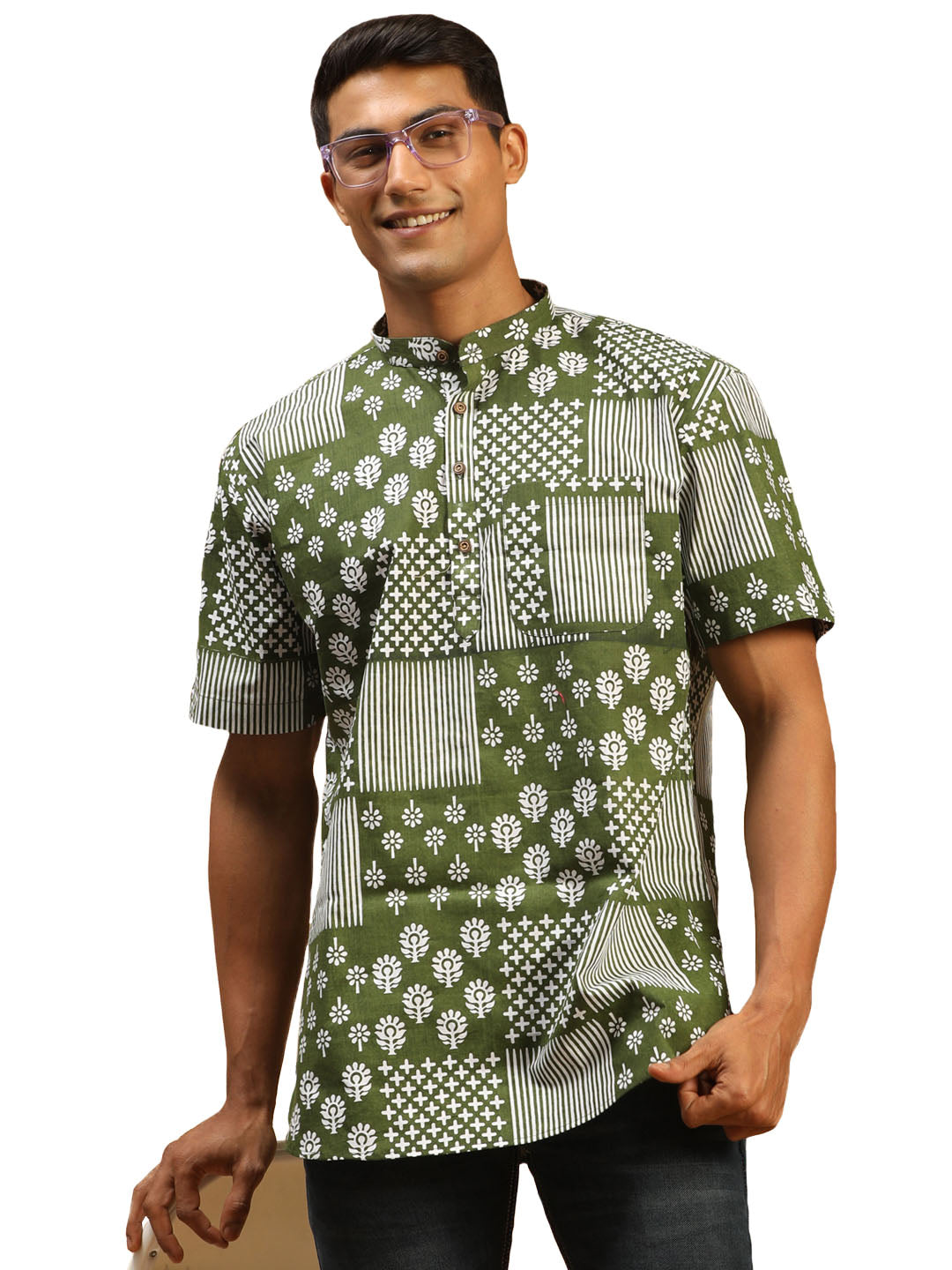 Men's Green Cotton Short Kurta