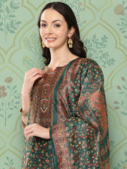 Women Green Ethnic Motif Printed Round Neck Yoke Straight Kurta Paired With Tonal Solid Bottom And Printed Dupatta