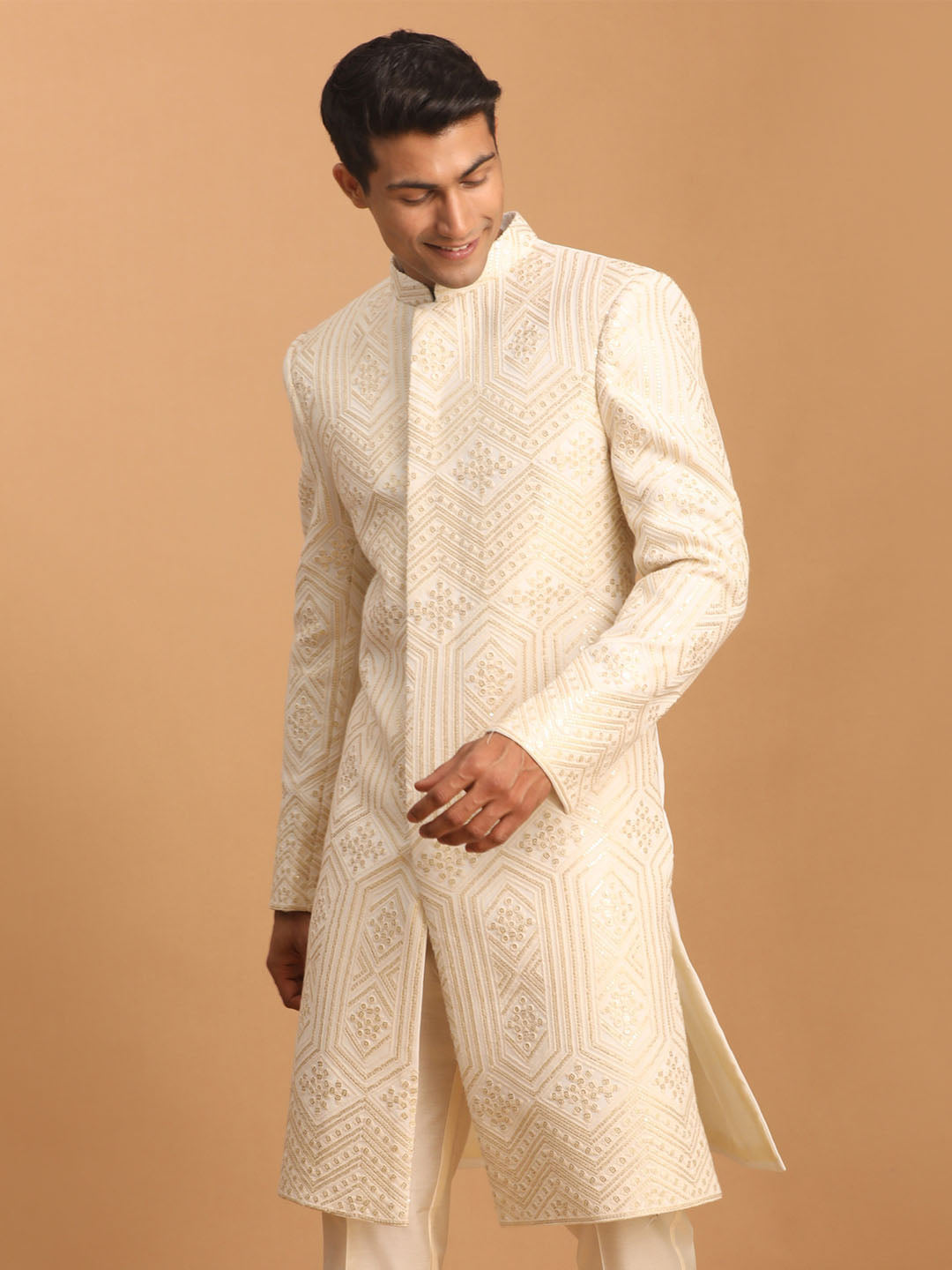 Men's Cream Cotton Blend Sherwani Only Top