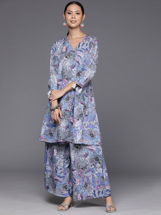 Women Grey Abstract Printed Angrakha Style Kurta Paired With Bottom