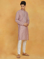 Men's Pink And White Silk Blend Kurta And Pyjama Set