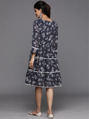 Varanga Women Navy Blue Floral Printed Tiered Dress Embellished With Kingiri Lace, Three Quarter Sleeves