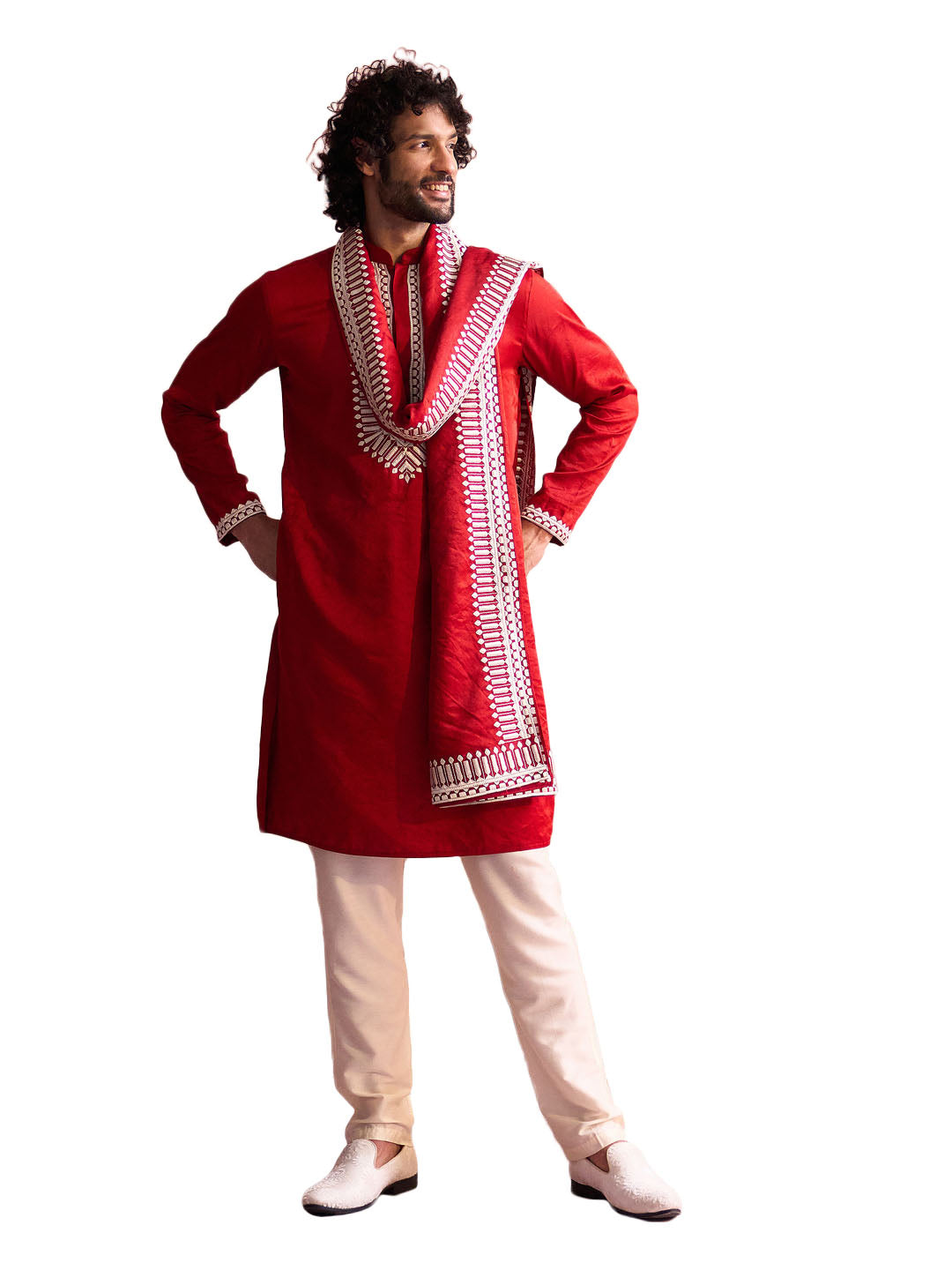 Men's Red And Cream Moonga Silk Kurta, Pyjama & Dupatta Set