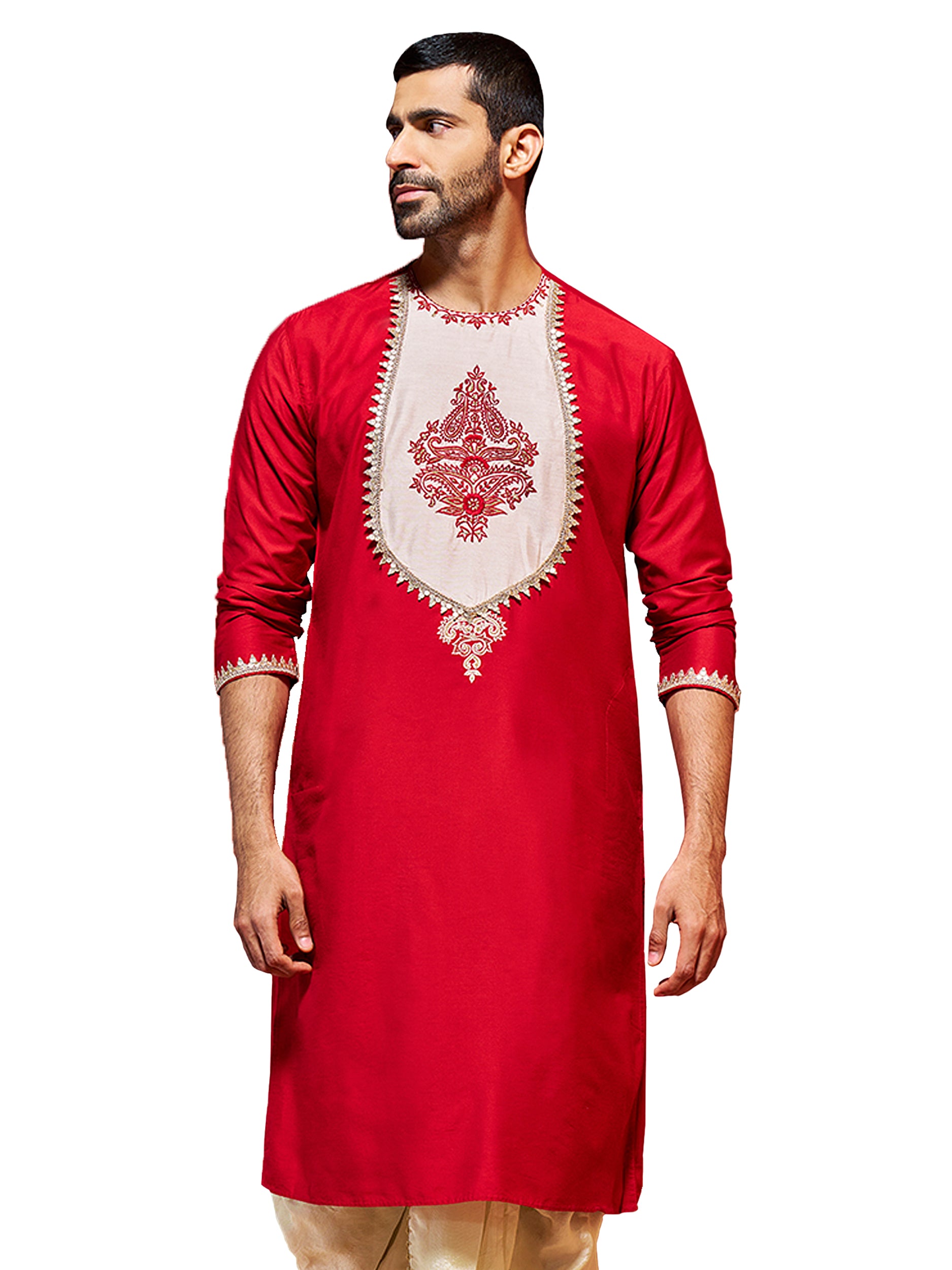 Men's Red Viscose Kurta