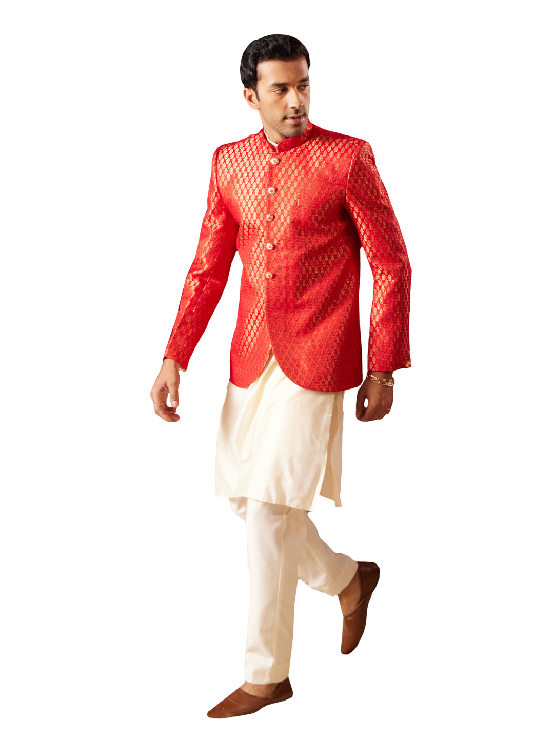 Men's Cream And Red Viscose Jacket, Kurta and Pyjama Set