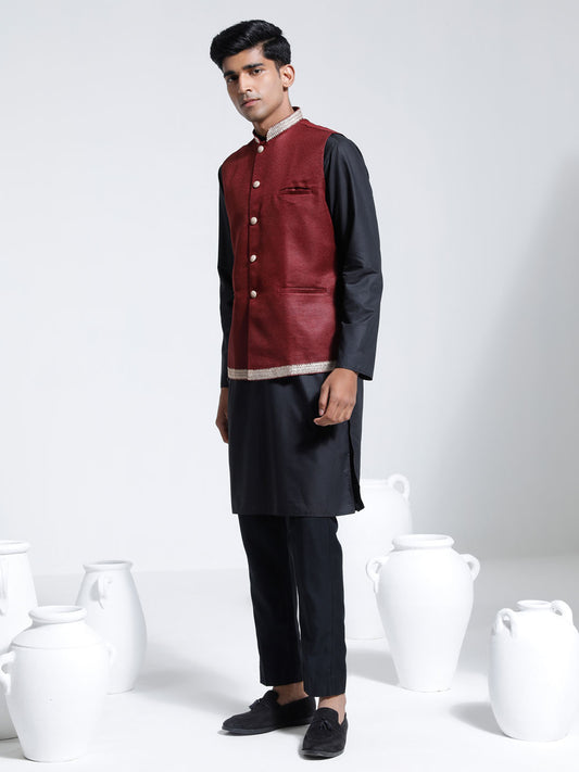 Men's Maroon And Black Cotton Silk Jacket, Kurta and Pyjama Set