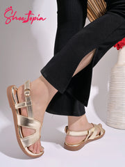 Shoetopia Classy Cross Strap Golden Flat Sandals For Women & Girls