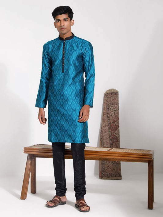 Men's Turquoise And Black Silk Blend Kurta Pyjama Set