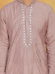 Men's Pink And White Silk Blend Kurta And Pyjama Set