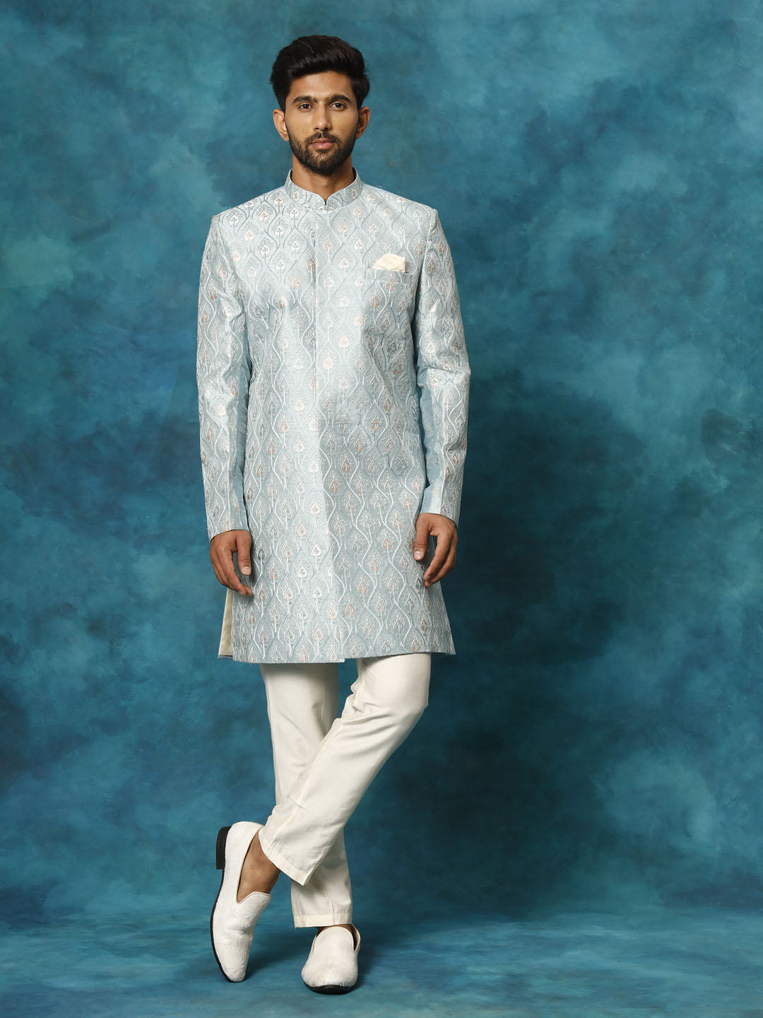 Men's Mint Green And Cream Silk Blend Sherwani Set