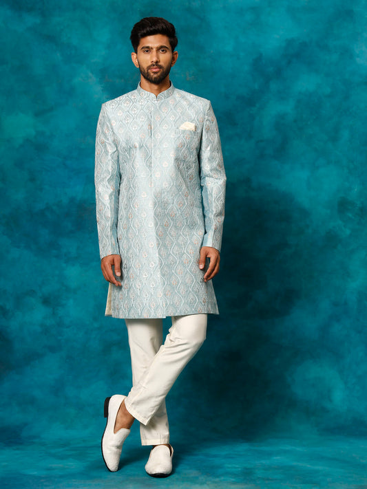 Men's Mint Green And Cream Silk Blend Sherwani Set