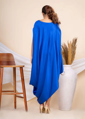 Women Stylist Blue Side Knot Assymetric Satin Cowl Dress