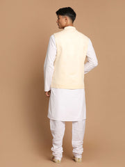 Men's Cream And White Pure Cotton Jacket, Kurta and Pyjama Set