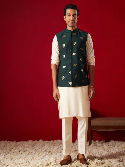 Men's Cream Viscose Jacket, Kurta and Pyjama Set