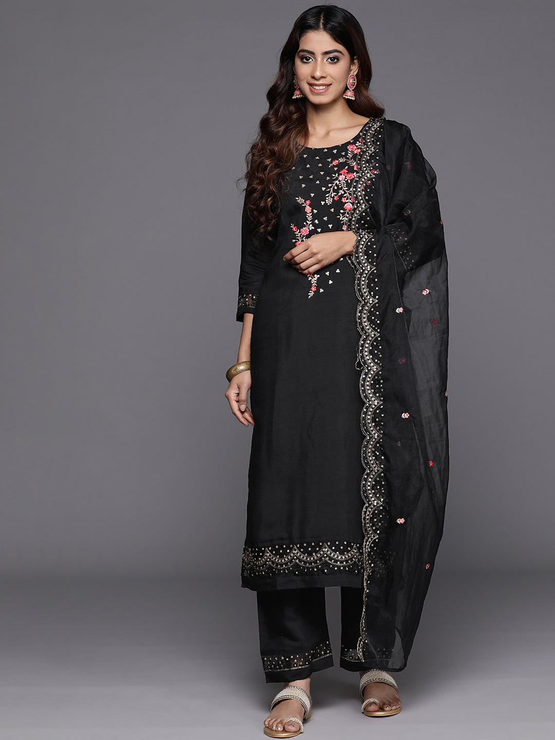 Women Black Thread And Sequins Embroidered Kurta With Bottom And Dupatta