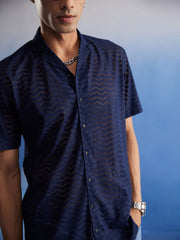 Men's Navy Blue Net Ethnic Shirt