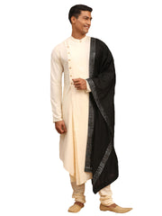 Men's Cream Viscose Blend Kurta Pyjama Set With Dupatta