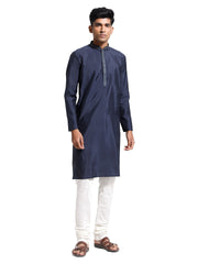 Men's Navy Blue And Cream Silk Blend Kurta Pyjama Set