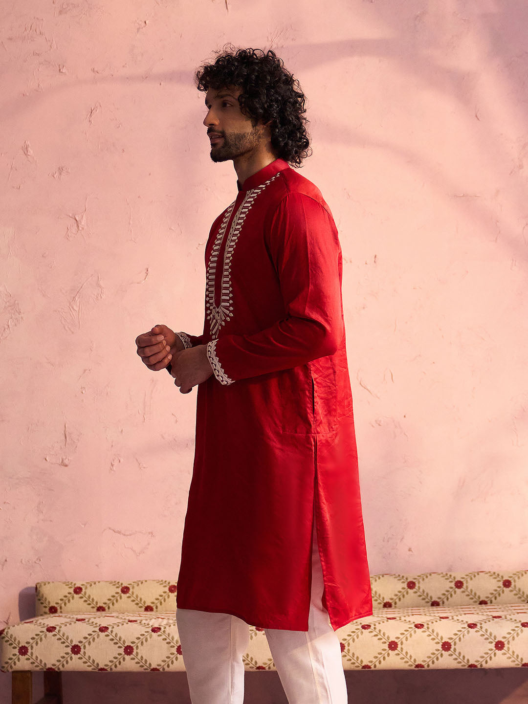 Men's Red Moonga Silk Kurta