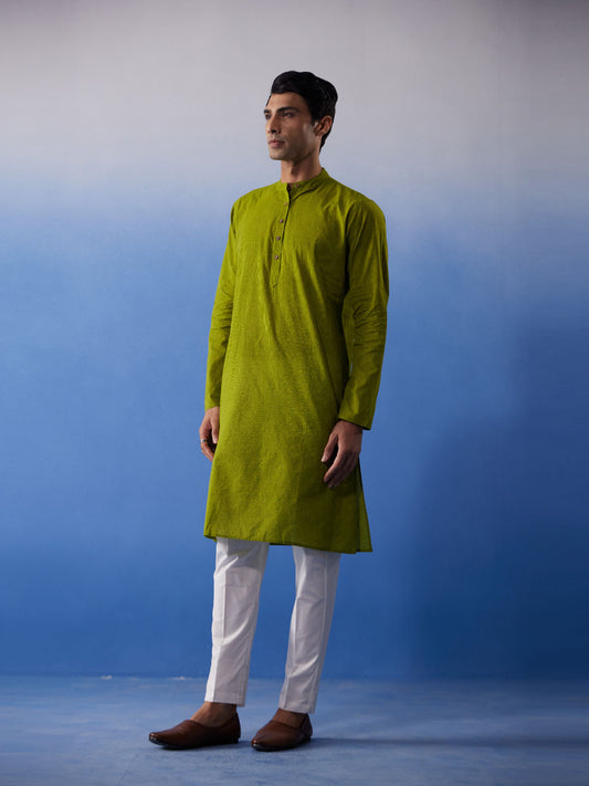 Men's Green And White Pure Cotton Kurta Pyjama Set