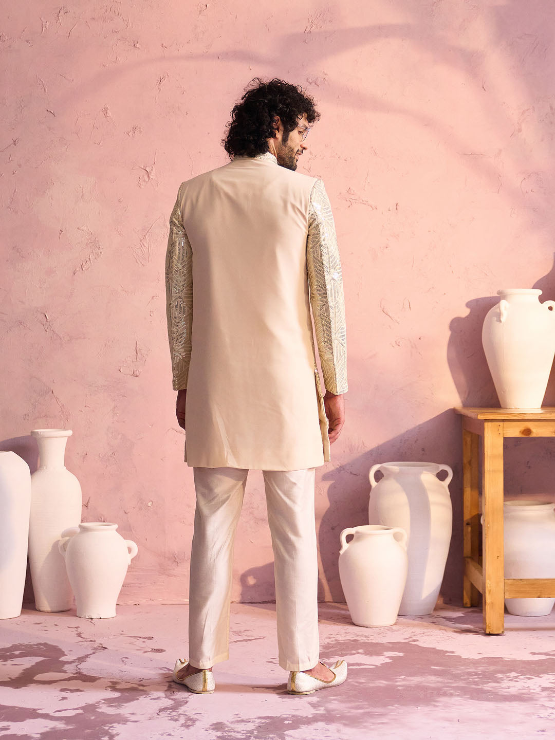 Men's Cream Georgette Sherwani Set