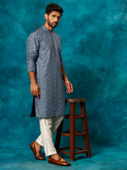 Men's Blue And Cream Rayon Cotton Kurta Pyjama Set