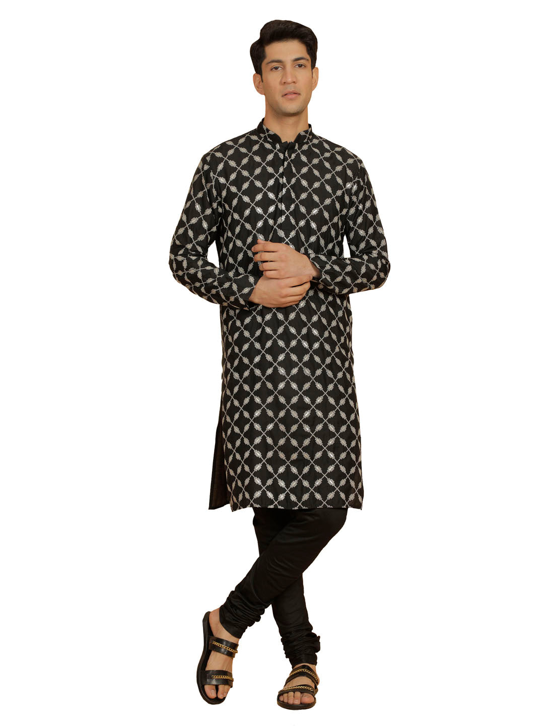 Men's Black Cotton Blend Kurta And Pyjama Set